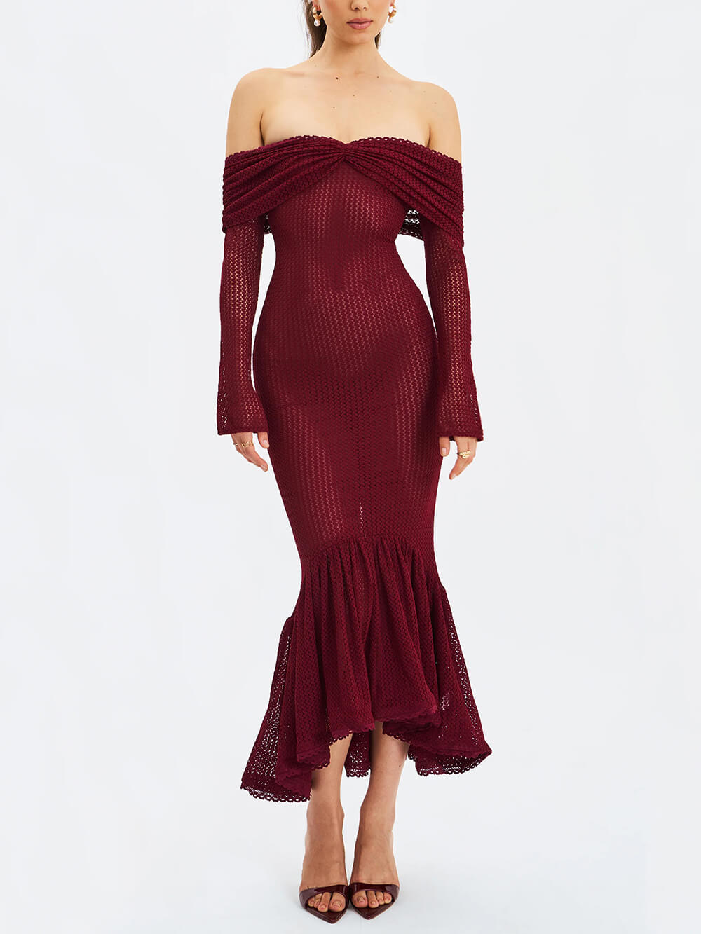 Exquisite Burgundy Off Shoulder Long Sleeve Crochet Mermaid Maxi Dress