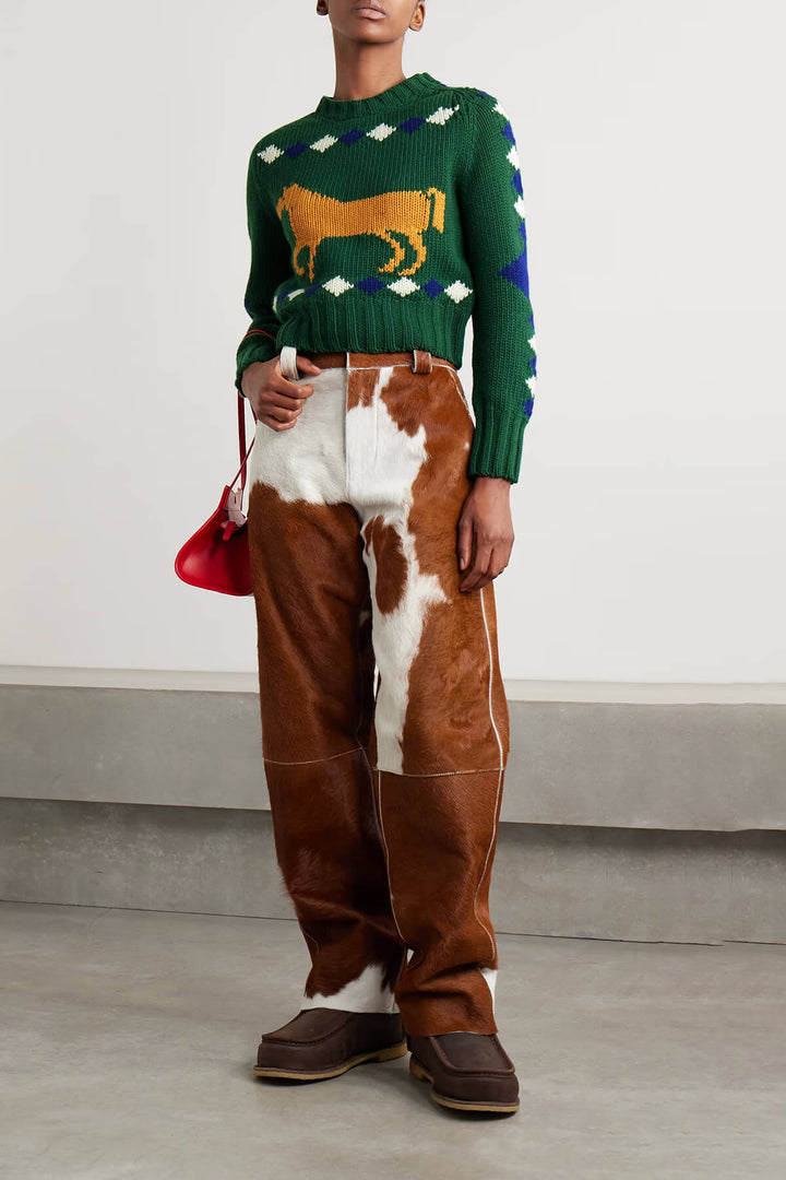 Retro Horse Diamond Pattern Crew Neck Sweater