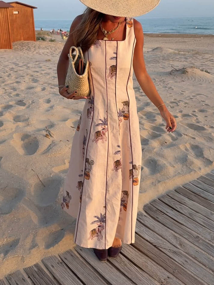 Elegant Patchwork Print Square Neck A-Line Midi Dress