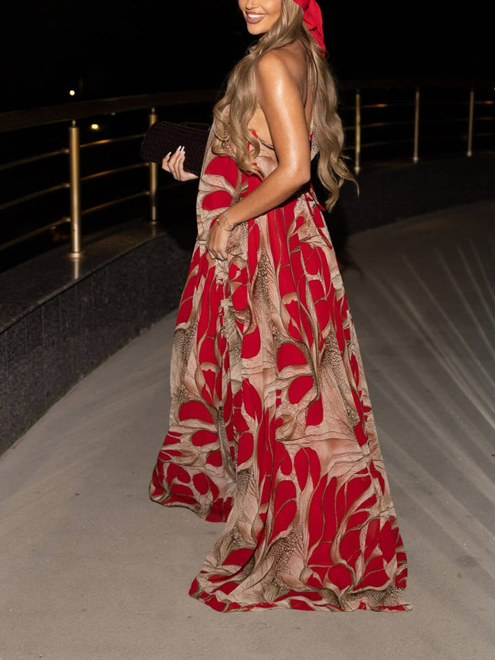 Fashion Printed Backless Full-Skirt Maxi Dress