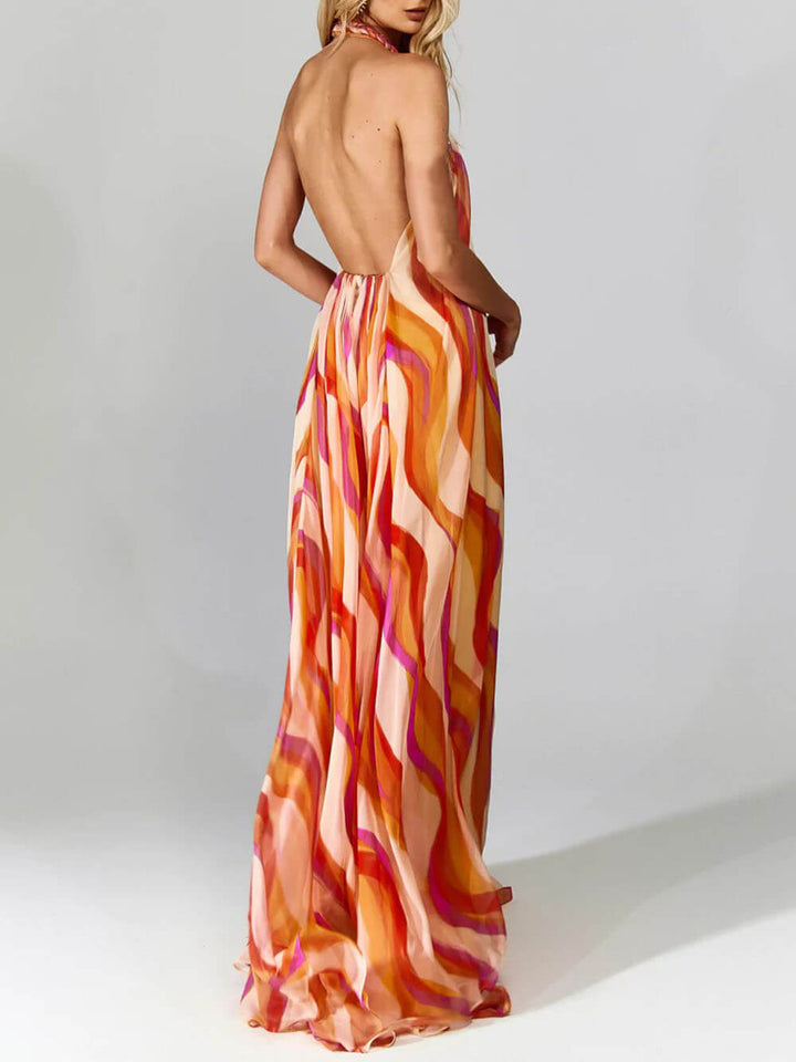 Elegant Braided Halterneck Wave Print Maxi Dress