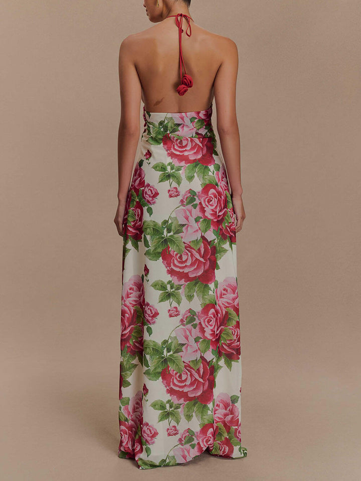 Romance Elegance Rose Printed Applique Cowl Neck Maxi Dress