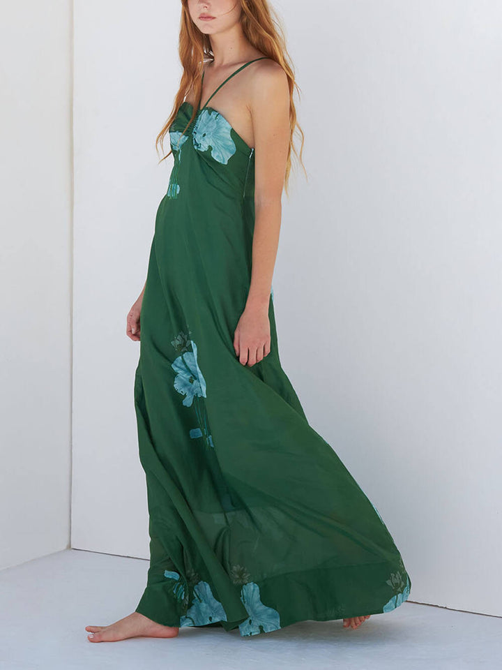 Elegant Ruched Printed Spaghetti Strap Maxi Dress
