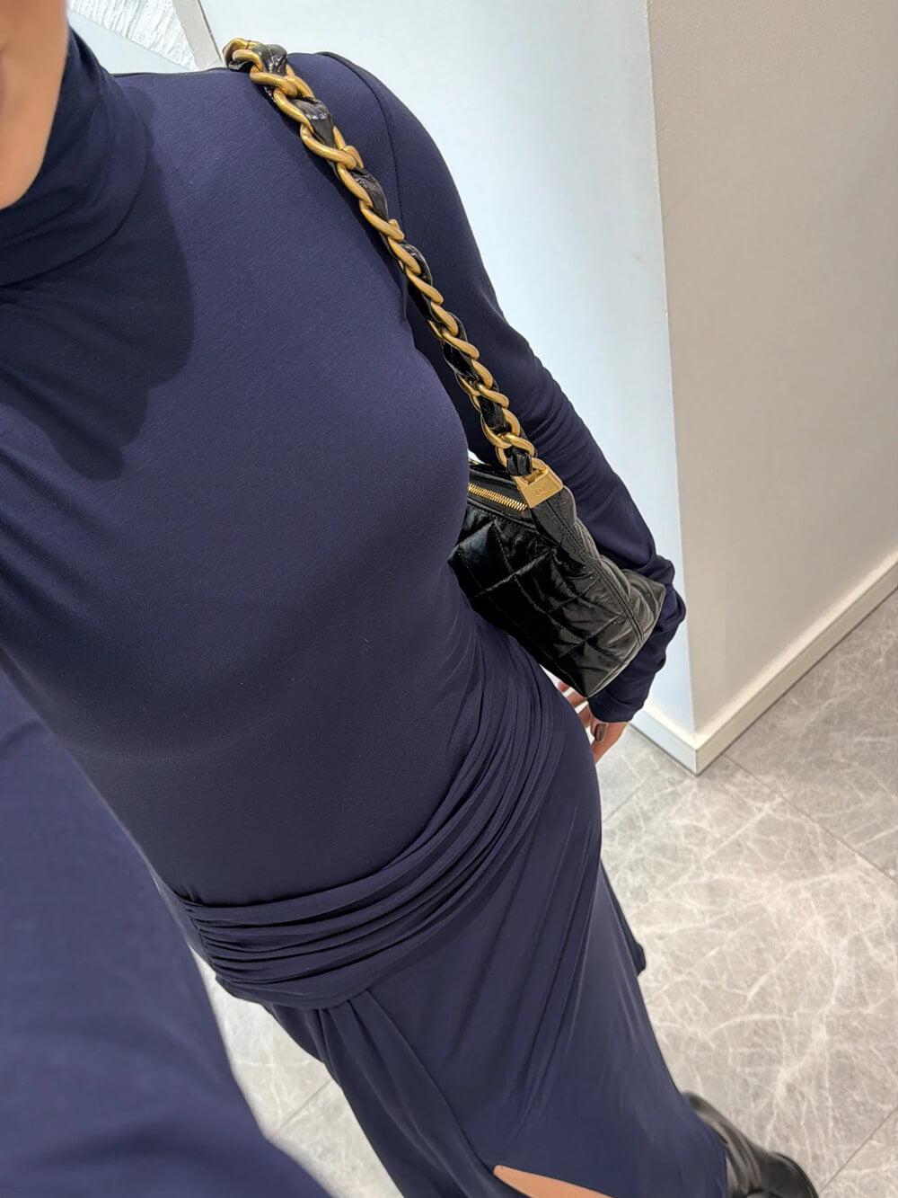 Elegant Navy Ruched Waist Slit Maxi Dress