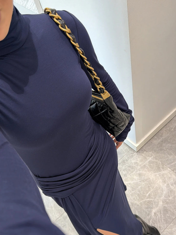 Elegant Navy Ruched Waist Slit Maxi Dress