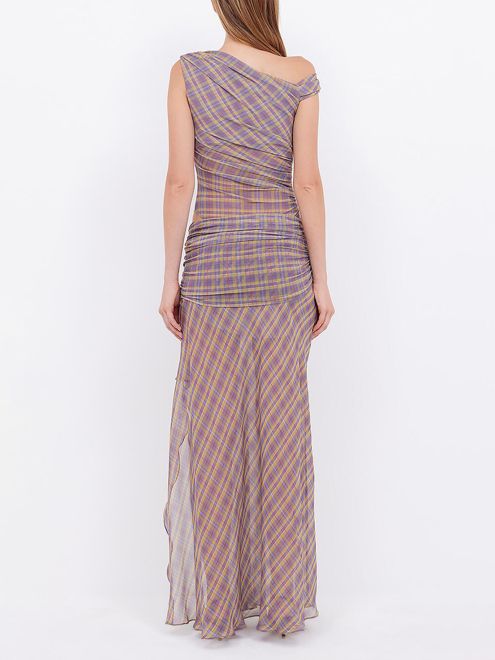 Retro Check Plaid Print Asymmetric Ruched Slit Maxi Dress