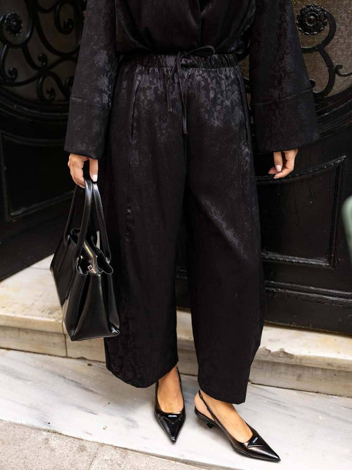 Vintage Satin Print Drawstring Elastic Waist Straight-Leg Pants