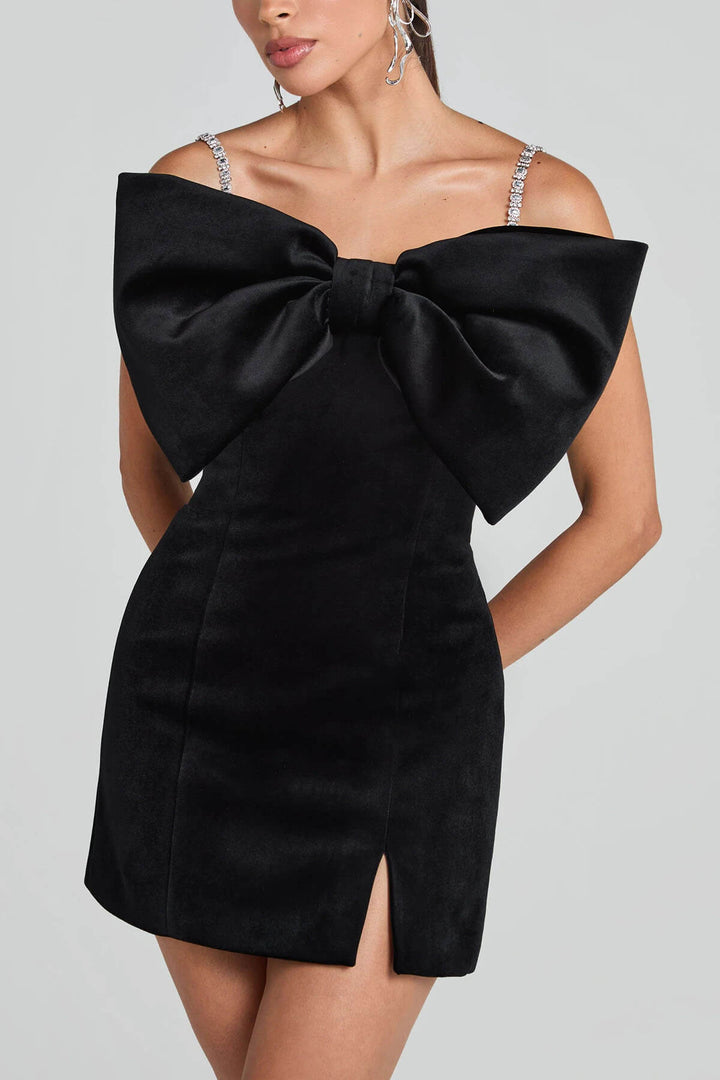 Exquisite Off-Shoulder Statement Bow Black Mini Dress