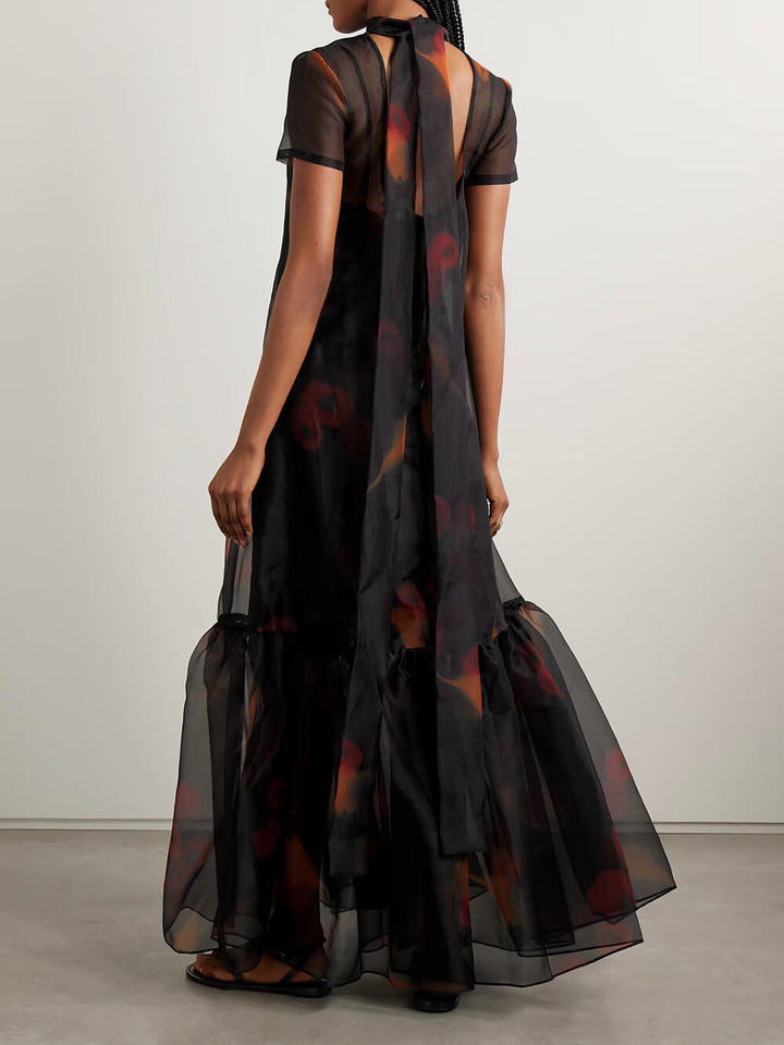 Casual Tie-Neck Multi-Layer Printed Maxi Dress