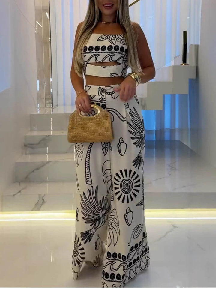 Elegant And Unique Ethnic Print Suspender Top And Wide-Leg Pants Set