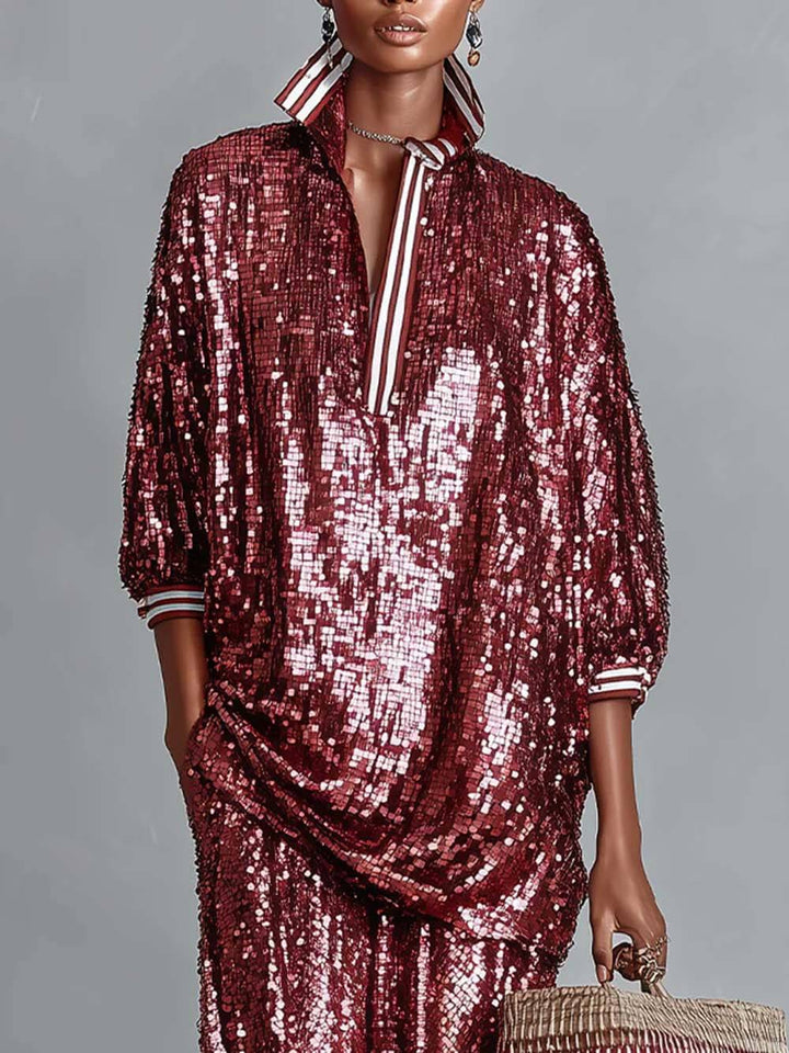 Charming Sequin Stripe Trim Oversized Top