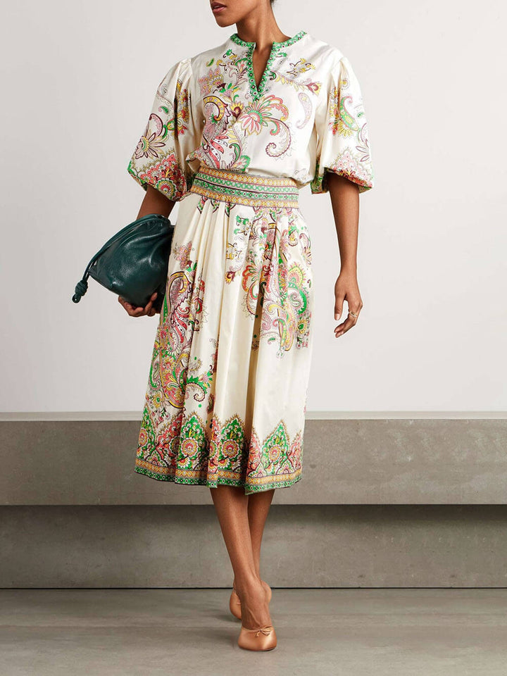 Unique Paisley Floral Print With Flowing Sleeves Loose Blouse