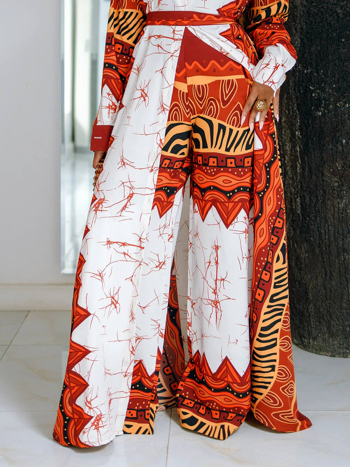 Unique Fashionable Ethnic Print High-Waist Wide-Leg Pants