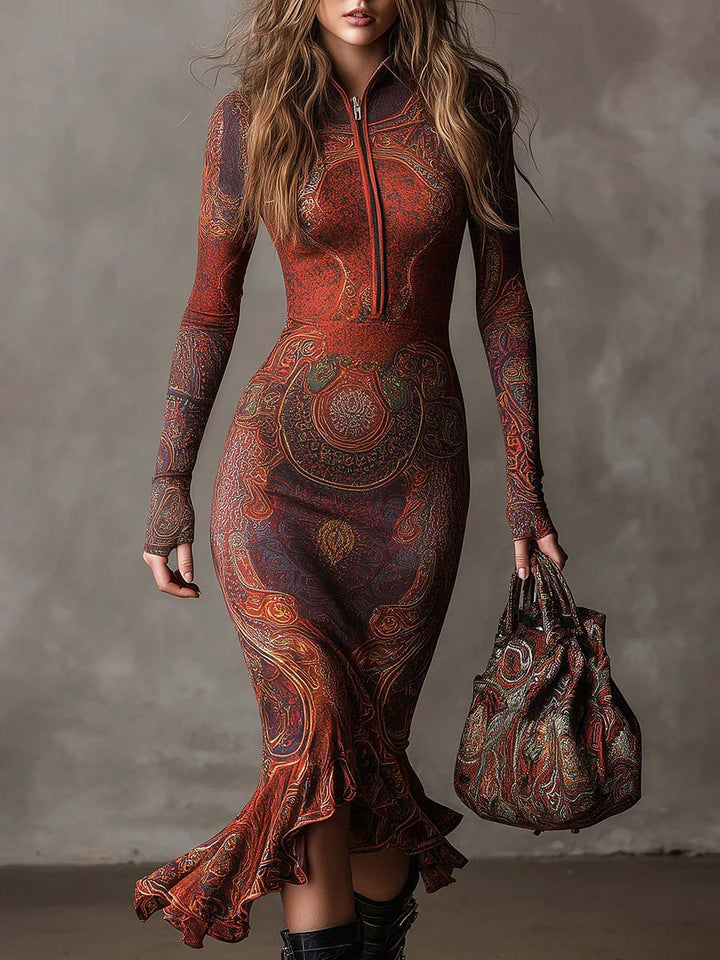 Retro Bohemian Print Irregular Midi Dress