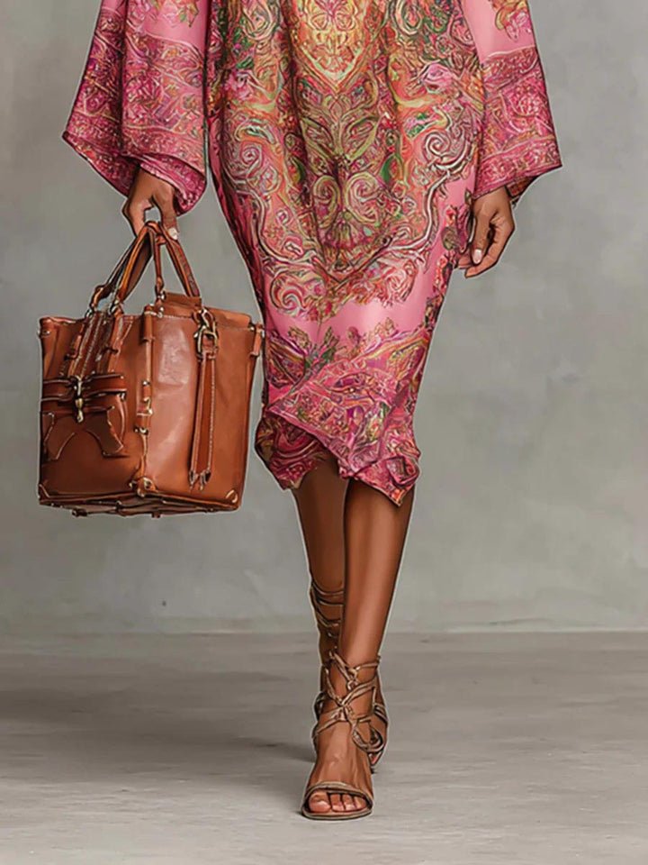 Retro Paisley Print Round Neck Flared Sleeve Midi Dress