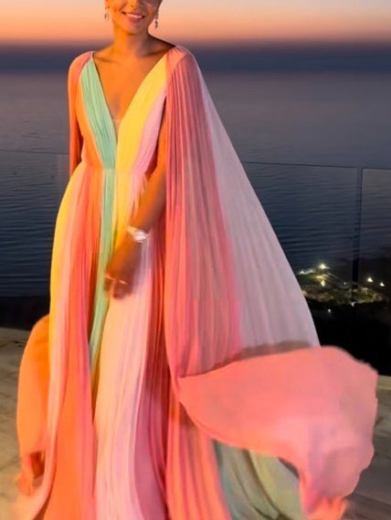Elegant Pleated Rainbow Maxi Dress