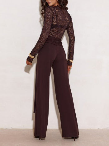 Elegant V-Neck Lace Long-Sleeve Tie-Waist Jumpsuit