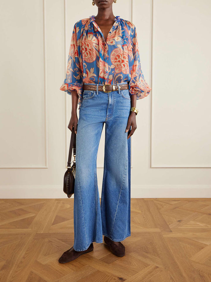 Modern Printed Chiffon Ruffle Blouse