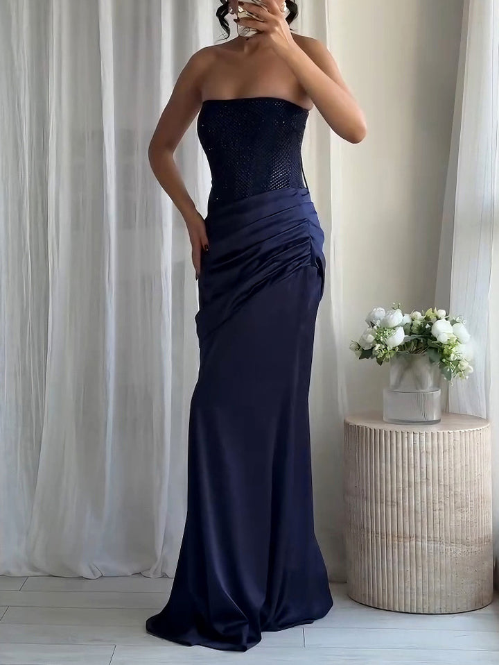 Elegant Strapless Rhinestone Pleated Party Dress