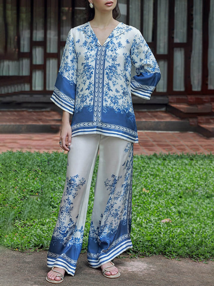 Classic Floral Print Patchwork Collared Loose Shirt
