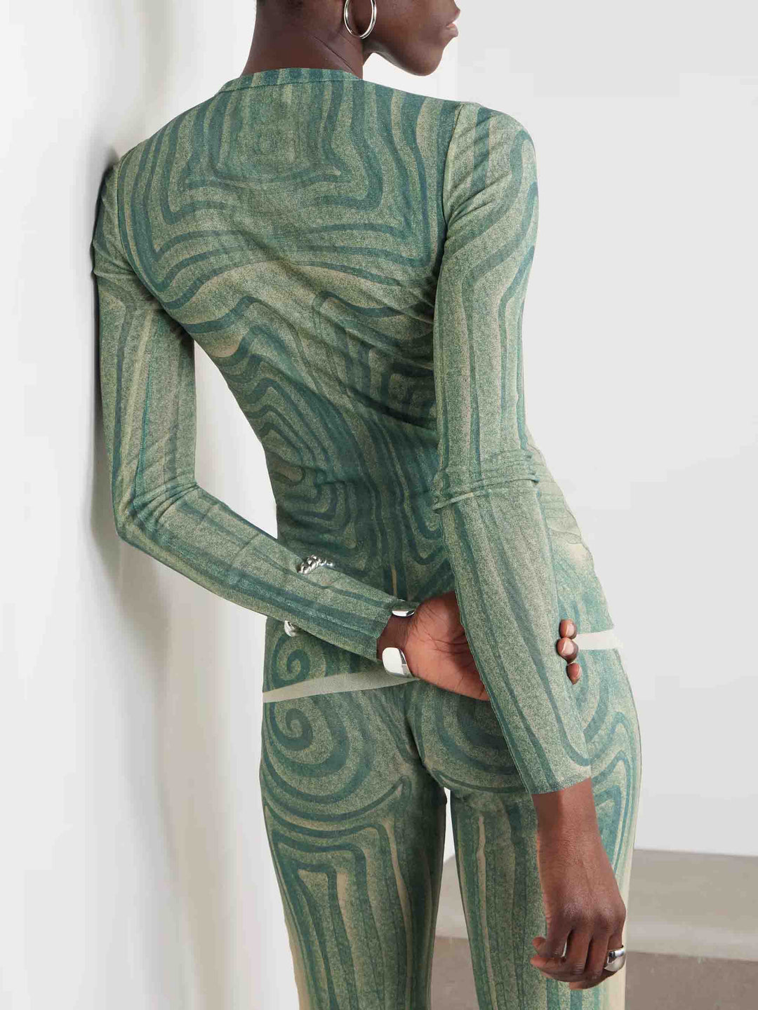 Artistic Abstract Print Sheer Knit Long-Sleeve Top