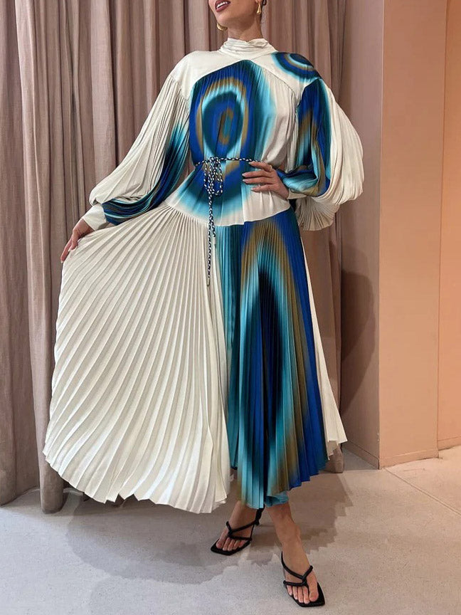 Exquisite Abstract Wave Print Pleated Maxi Dress
