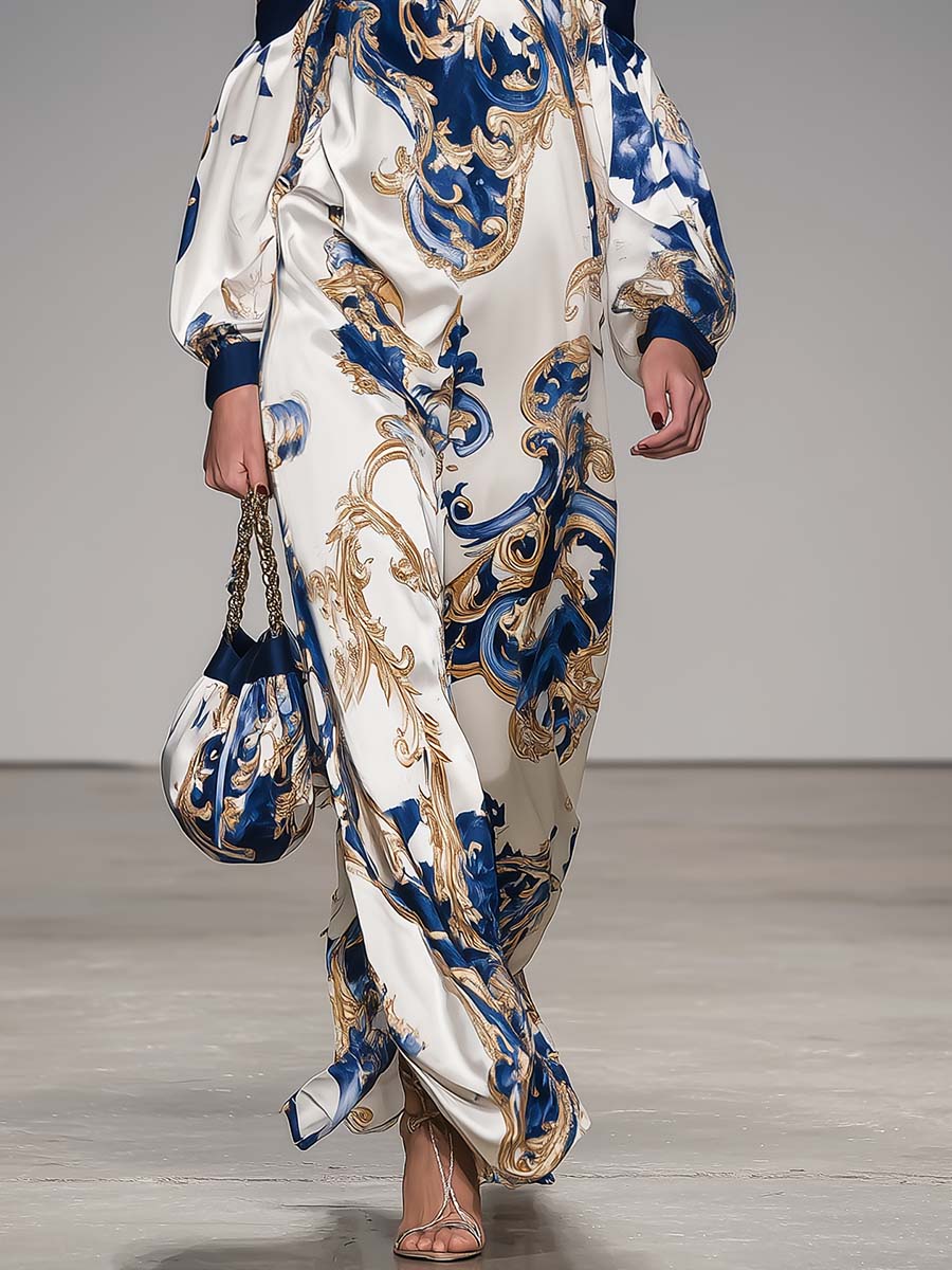 Retro Off-shoulder Printed Satin Maxi Dress