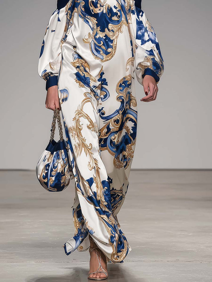 Retro Off-shoulder Printed Satin Maxi Dress