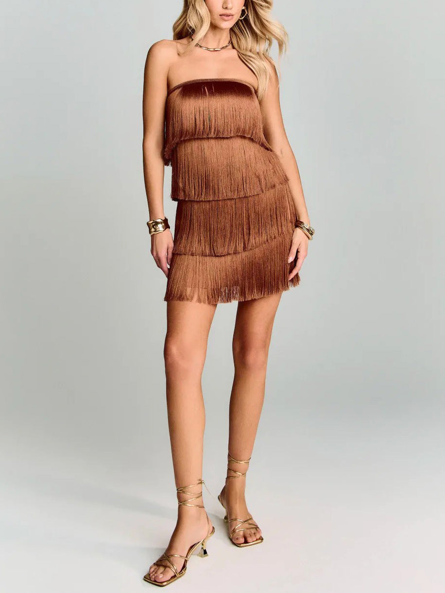 Elegant Strapless Tassel Mini Dress