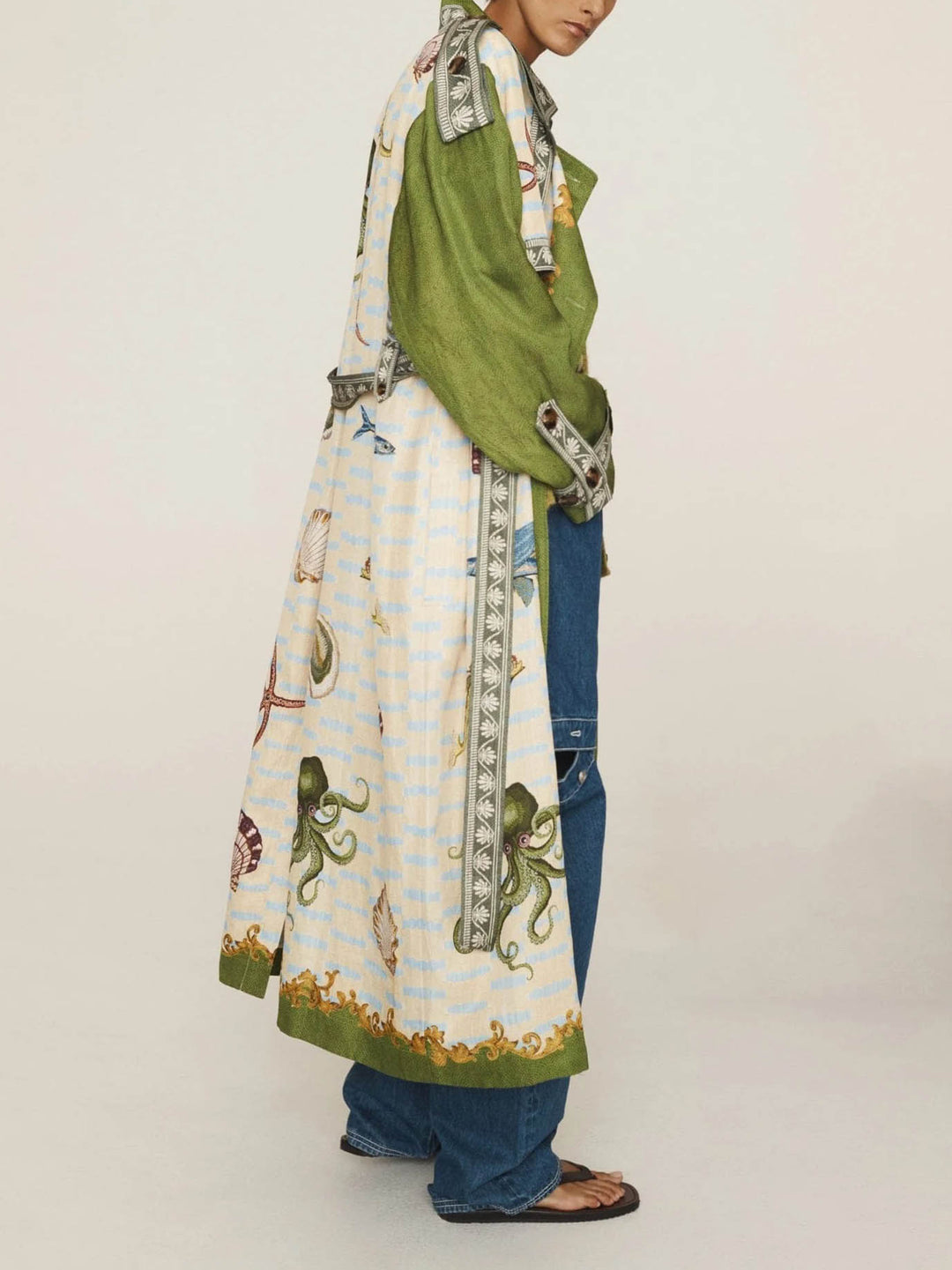 Unique Deep Sea Floral Print Loose Long Trench Coat