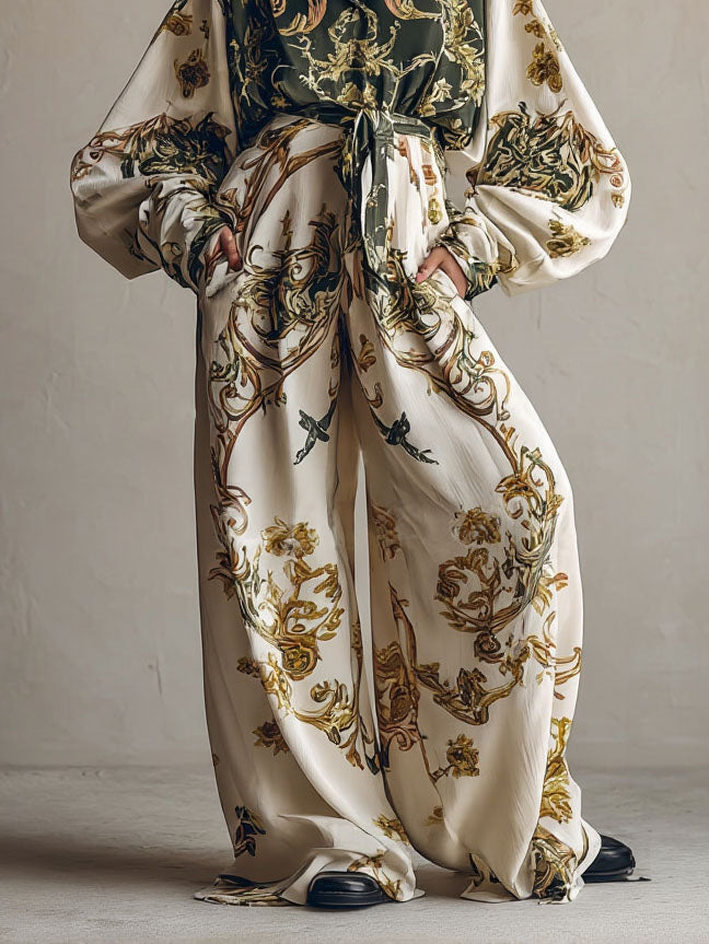 Retro Baroque Floral Print Wide-Leg Pants