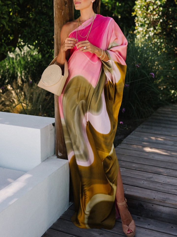 Elegant Satin Tie Dye Print One Shoulder Drape Vacation Maxi Dress