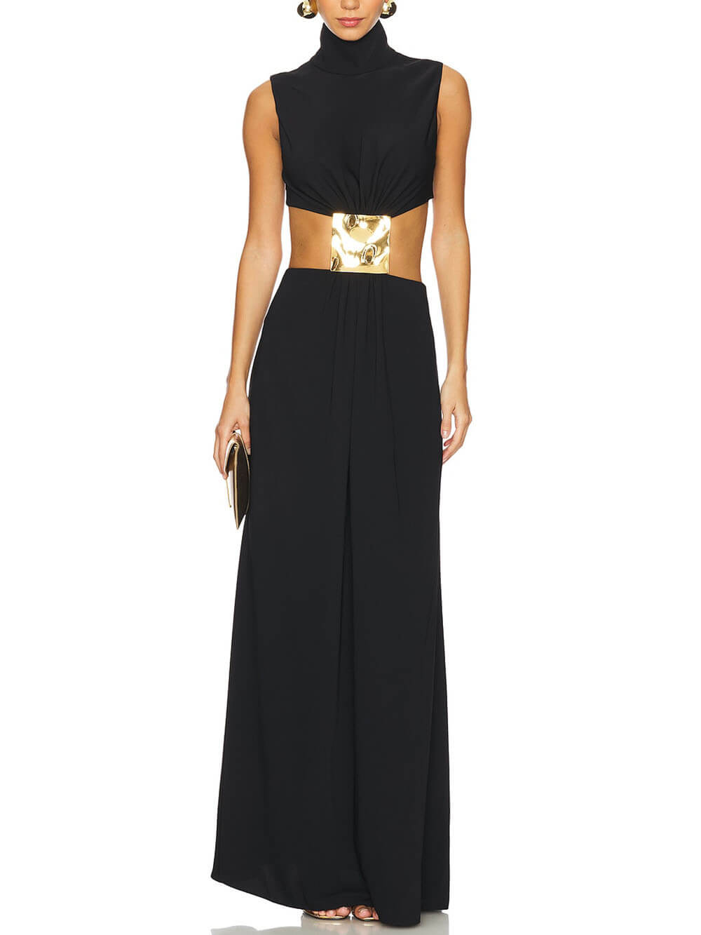 Elegant High Neck Metal Decoration Cutout Waist Maxi Dress