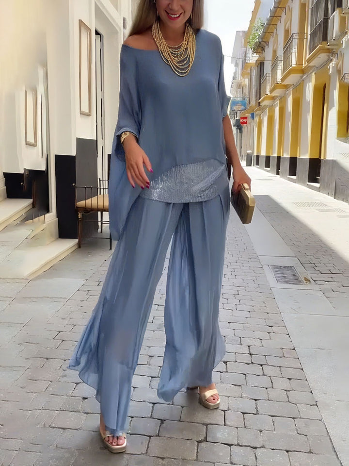 Elegant See-through Sequined Wide-leg Chiffon Pants