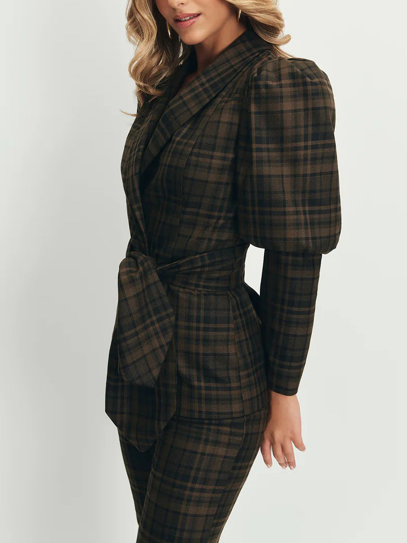 Retro Plaid Puff Sleeve Belted Blazer