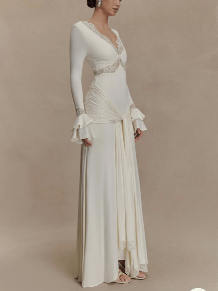 Sexy Lace Panel Trumpet Sleeve Maxi Dress