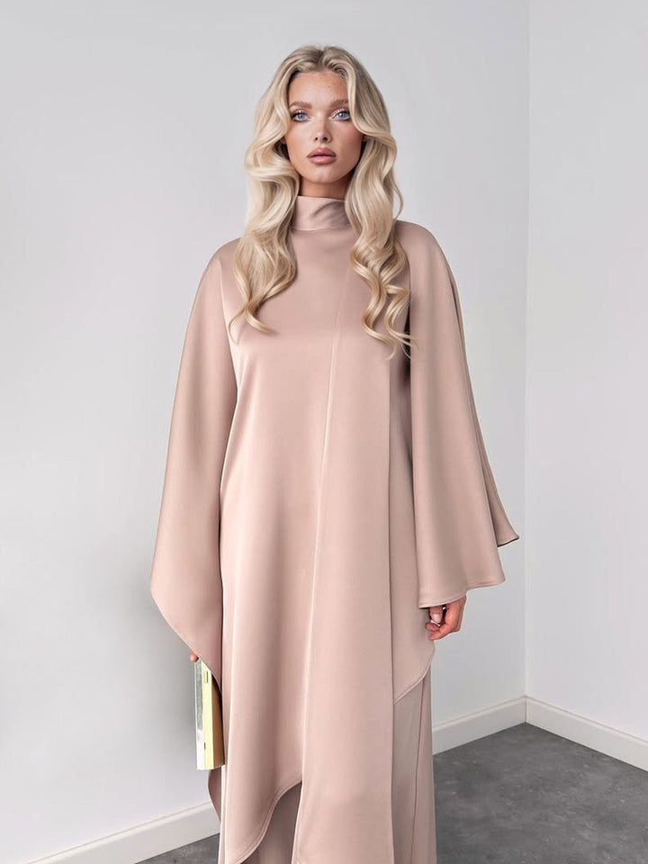 Elegant High-Neck Draped Top And Wide-Leg Pants Set