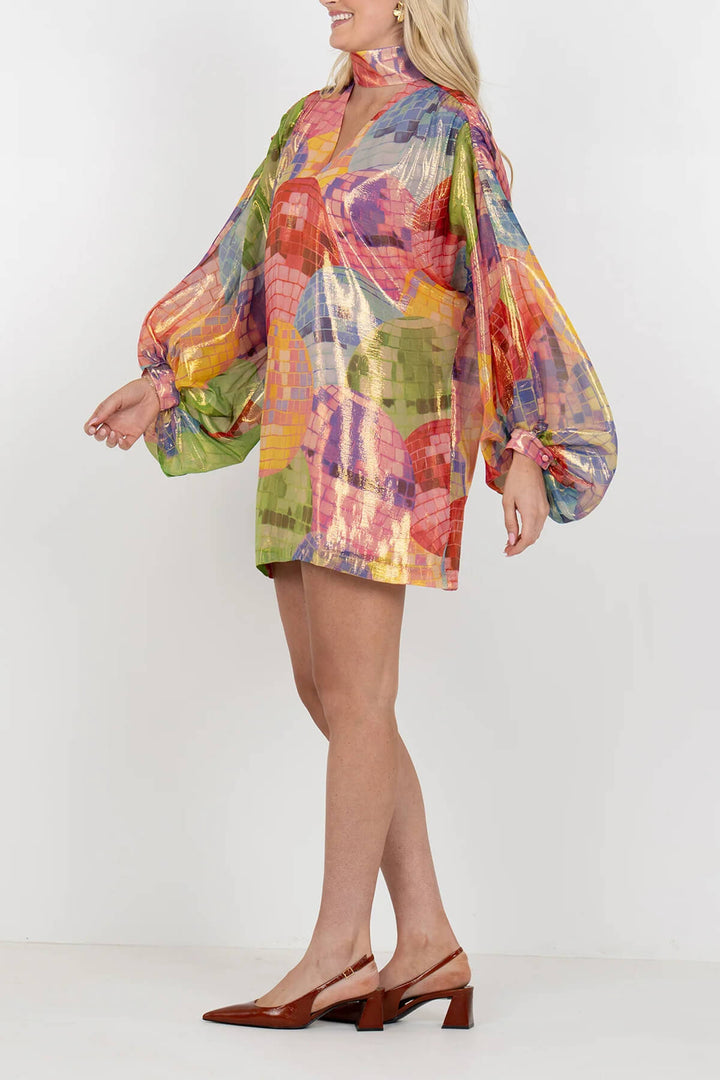 Unique Satin Print Lantern Sleeve Mini Dress