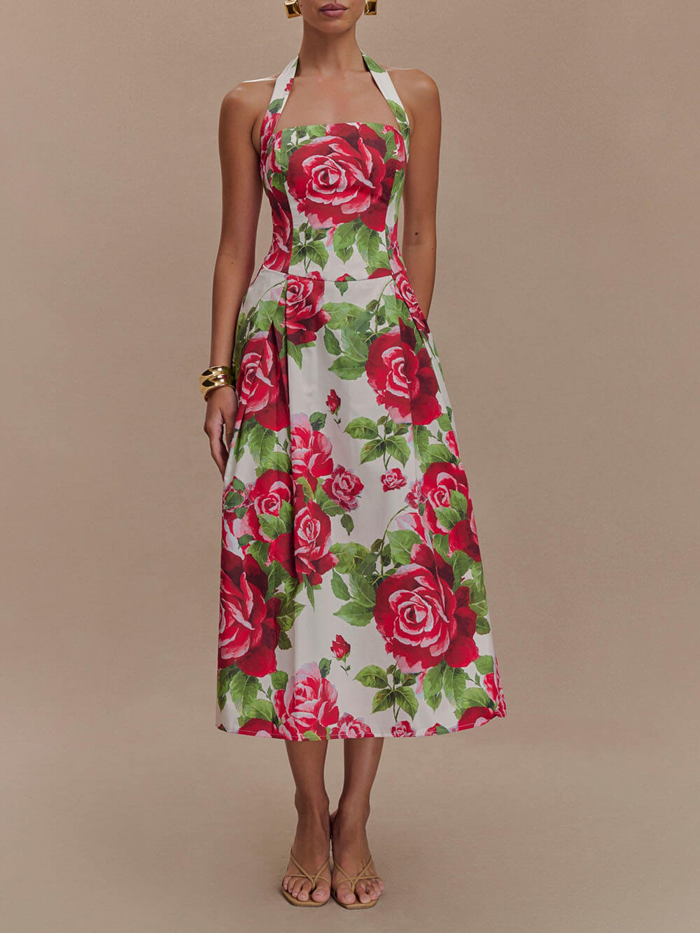 Elegant and Stunning Large Rose Printed Backless Pleated Midi Dress