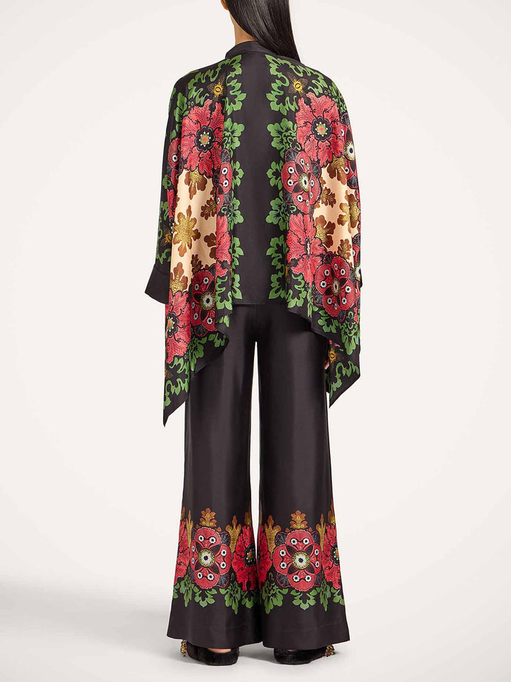 Exquisite Satin Floral Border Wide-Leg Pants