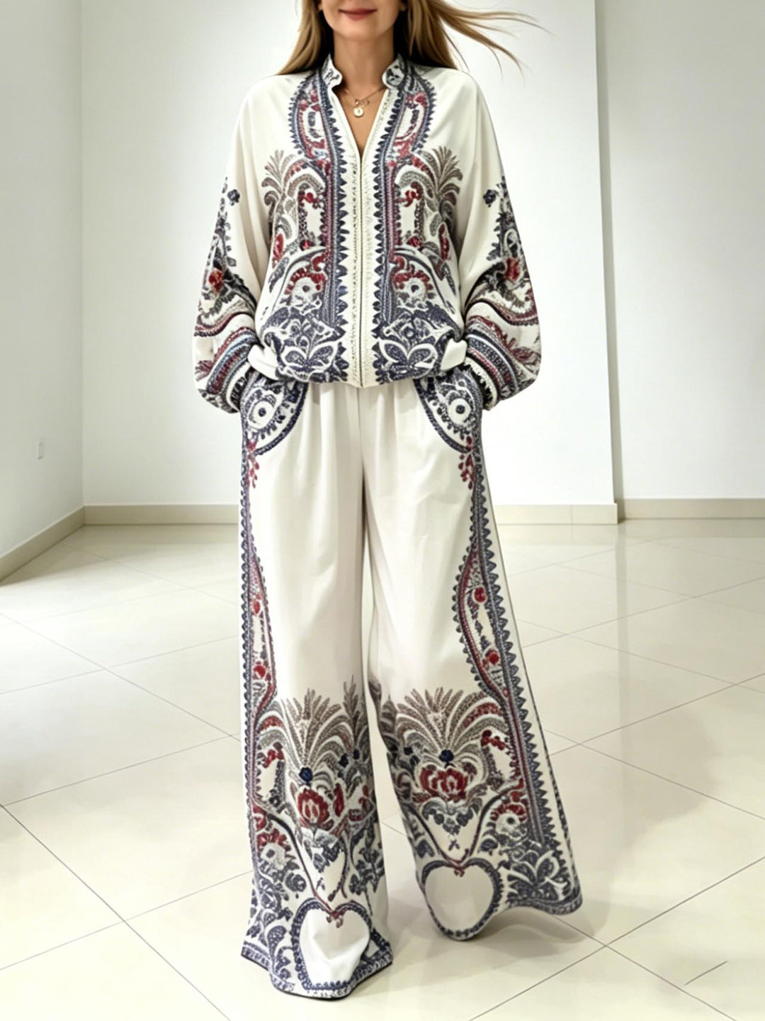 Elegant Paisley Print Zip-Up Long Sleeve Shirt