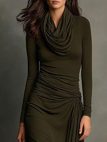Elegant Olive-green Front Draped Maxi Dress
