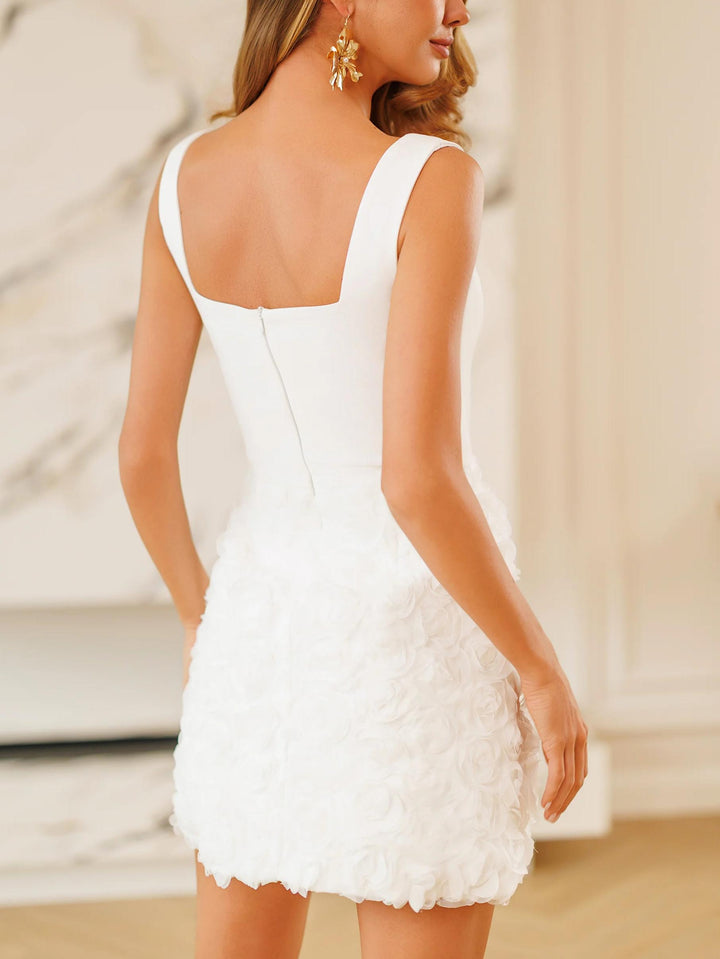 Elegant Square Neck Rosette Mini Dress
