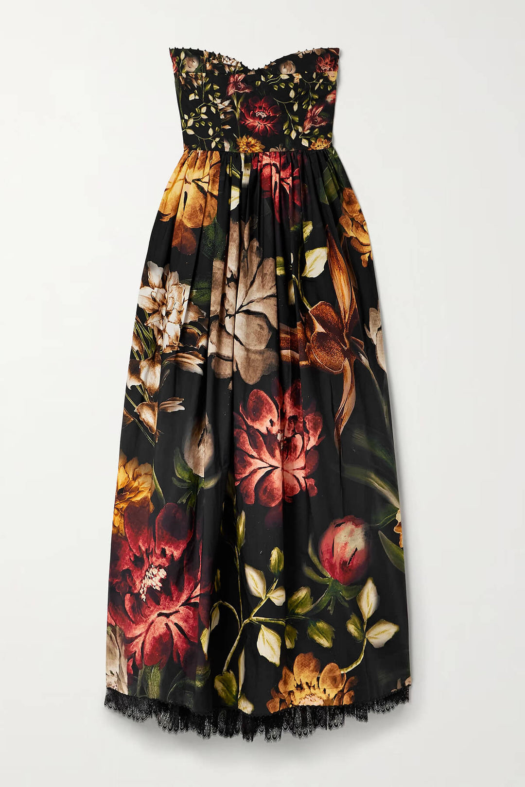 Exquisite Strapless Lace-Trimmed Printed Pleated Midi Dress