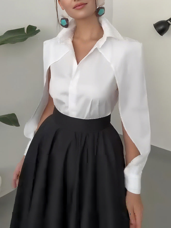 Elegant Cape-Shoulder Shirt And Asymmetrical A-Line Midi Skirt Set