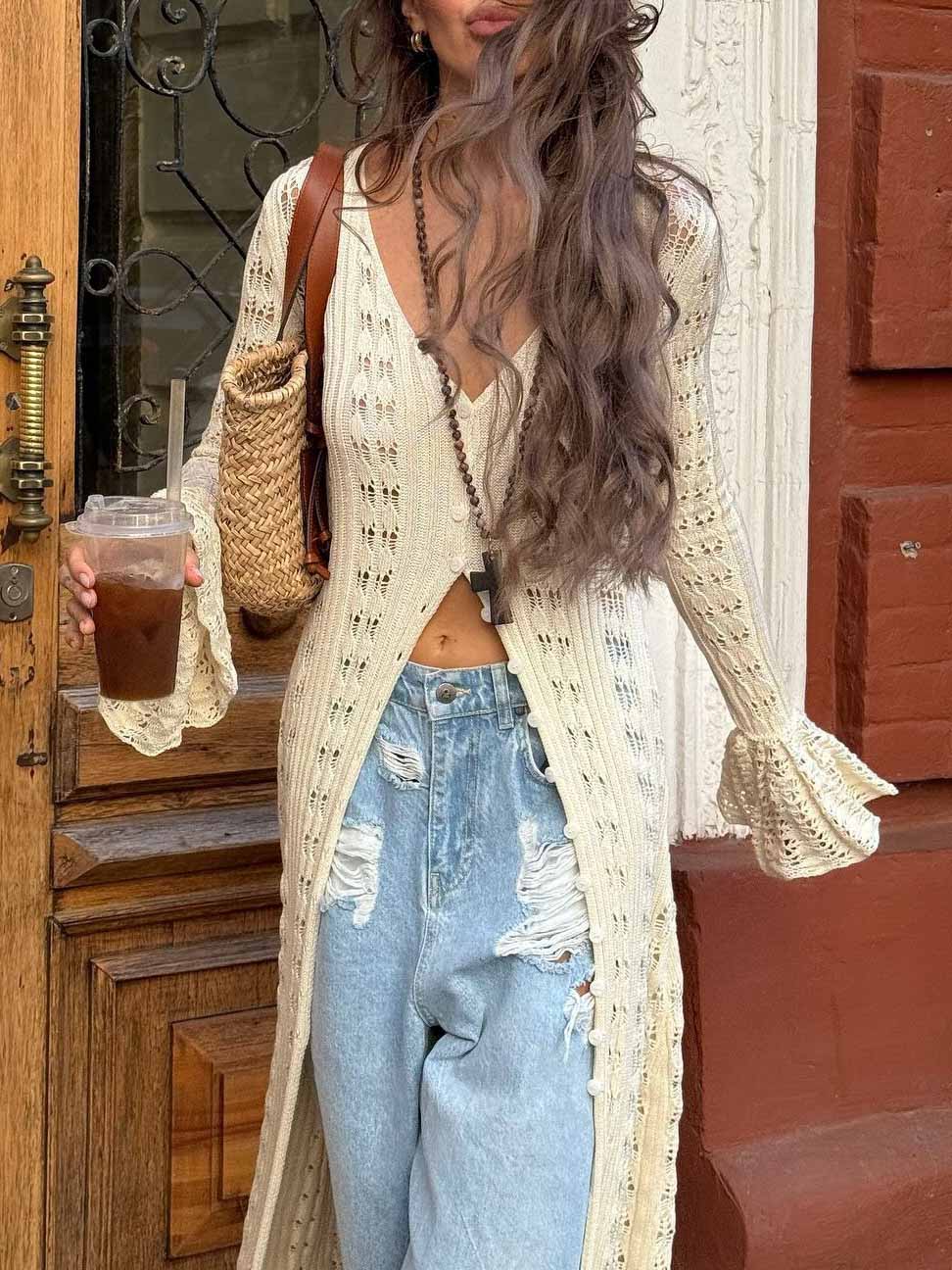 Unique Hollow Crochet Extra-Long Knitted Cardigan