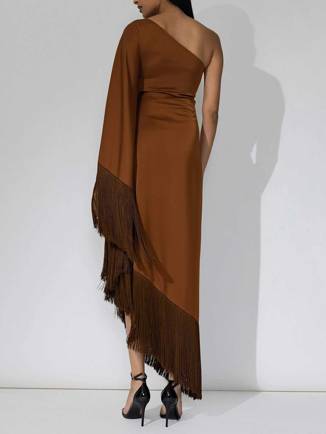 Elegant One-shoulder Sleeve Satin Fringe Maxi Dress