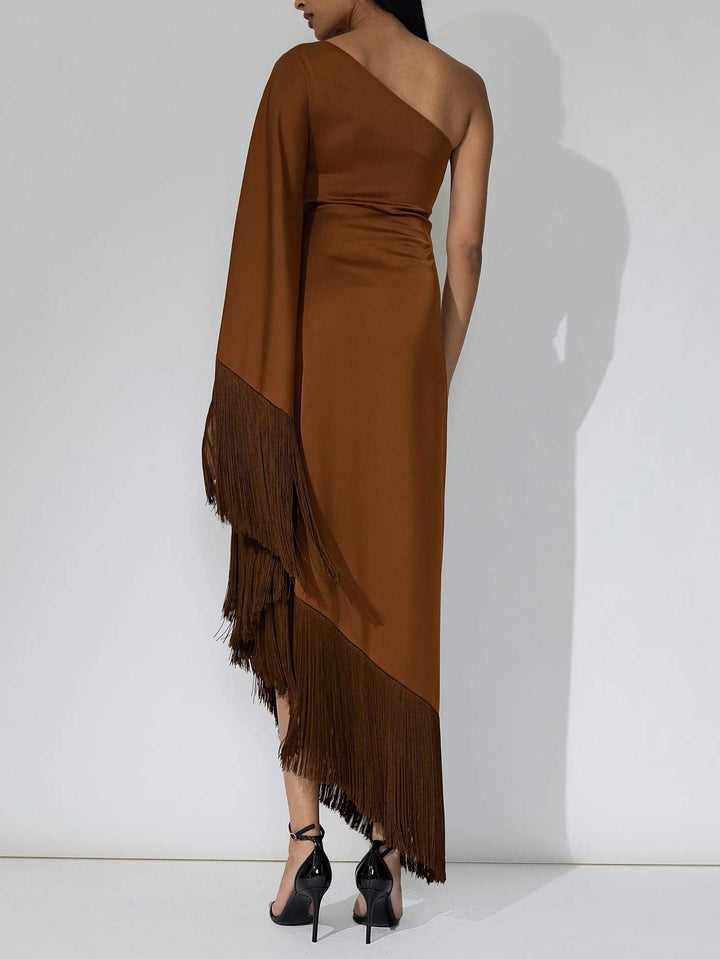 Elegant One-shoulder Sleeve Satin Fringe Maxi Dress