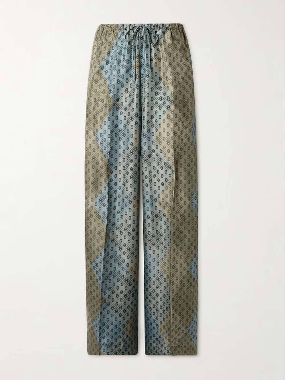 Delicate Print Satin Elastic-Waist Drawstring Straight Pants