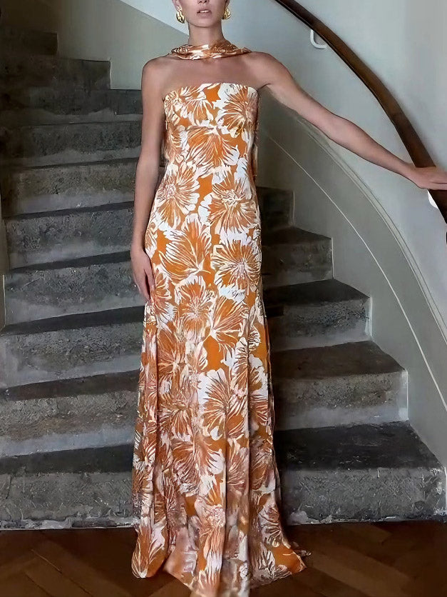 Elegant Watercolor Floral Print Ribbon Maxi Dress